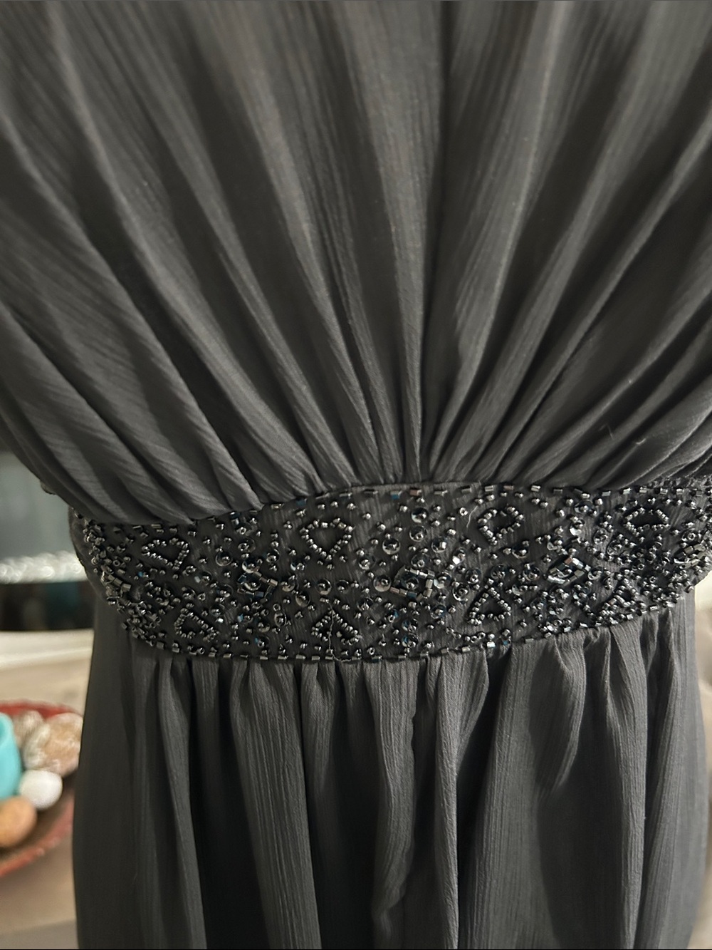 David's ❤️ Bridal Strapless Black Chiffon Evening Gown with Beaded Waist - Picture 2 of 11